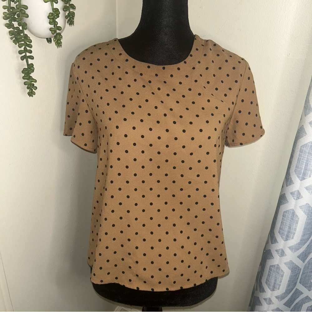 BP Tan Blouse with Black Polka Dots